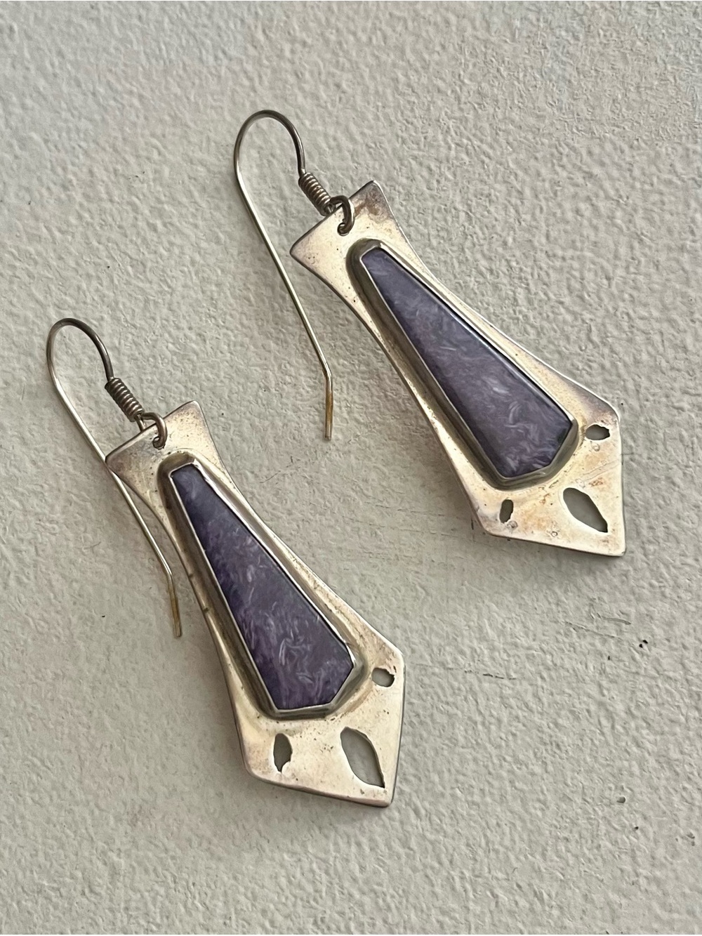 Sterling Silver Drop Earrings with Purple Stone Inlay